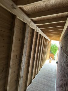 Wooden hallway leading to a sunny outdoor area, featuring a corgi sitting at the end, surrounded by greenery. The walls are lined with wooden panels and beams, creating a natural aesthetic.
